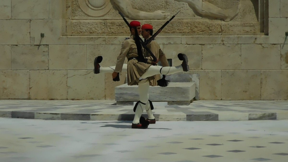 Tsolyiathes or Evzon guards at the memorial of the unknown soldier